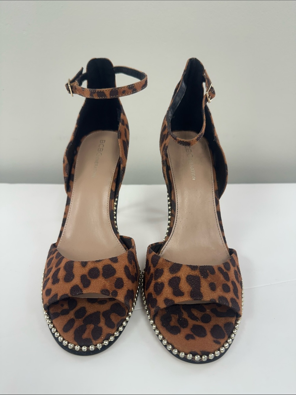 BCBGeneration Leopard Print Ankle-Strap Heels in Brown and Black